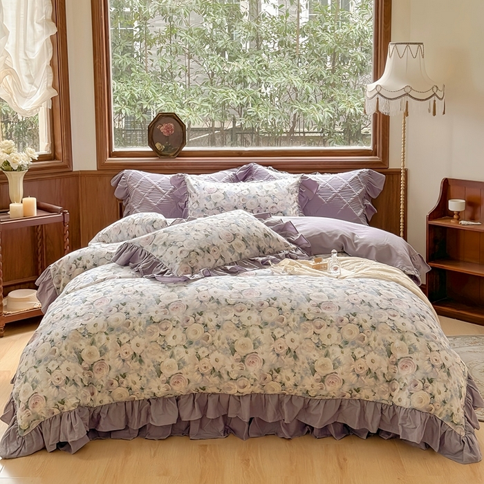 91家纺网 家纺一手货源 找家纺 胜权家纺 2025新款全棉纯棉数码印花双层纱床盖单品 玫瑰花语