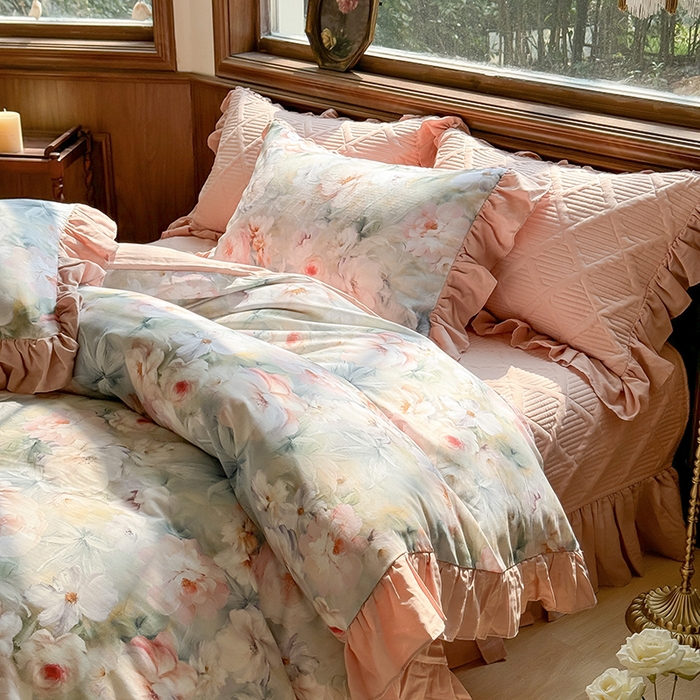 91家纺网 家纺一手货源 找家纺 胜权家纺 2025新款全棉纯棉数码印花双层纱床盖单品 梵花粉梦