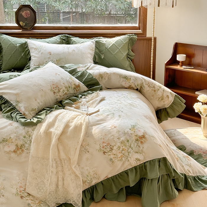 91家纺网 家纺一手货源 找家纺 胜权家纺 2025新款全棉纯棉数码印花双层纱床盖单品 秘境花园