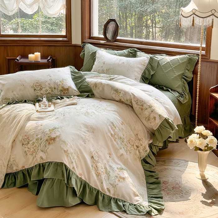 91家纺网 家纺一手货源 找家纺 胜权家纺 2025新款全棉纯棉数码印花双层纱床盖单品 秘境花园