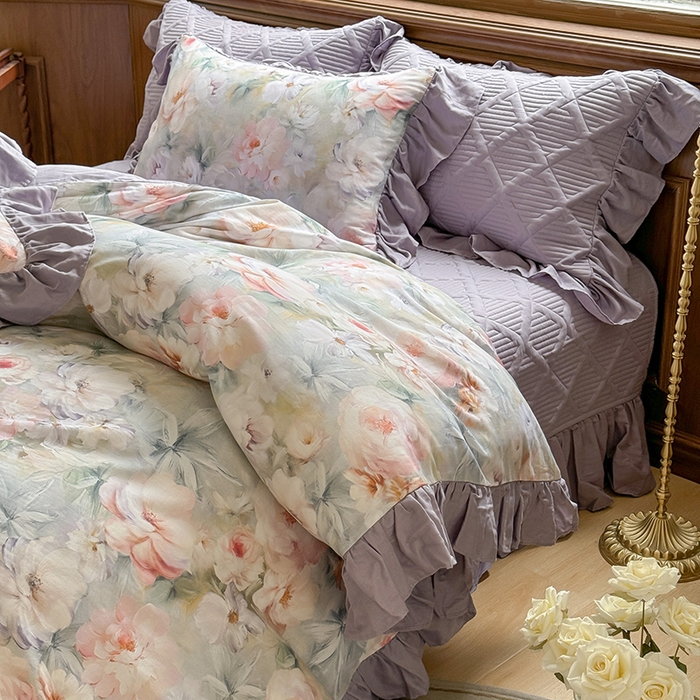 91家纺网 家纺一手货源 找家纺 胜权家纺 2025新款全棉纯棉数码印花双层纱床盖单品 梵花紫梦