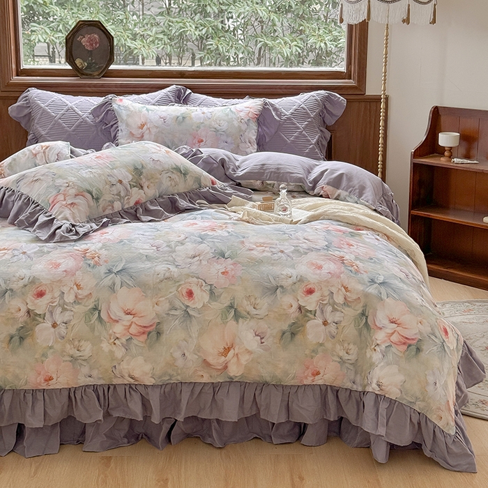 91家纺网 家纺一手货源 找家纺 胜权家纺 2025新款全棉纯棉数码印花双层纱床盖单品 梵花紫梦