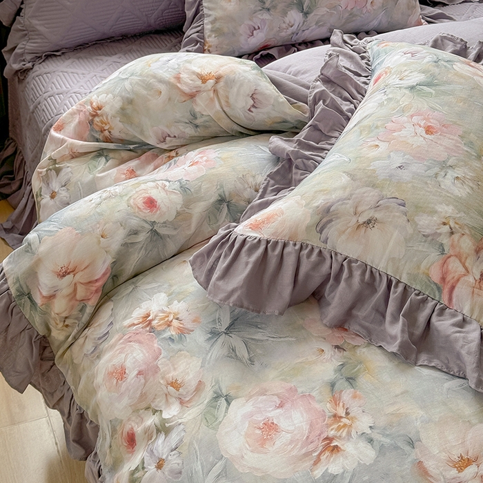 91家纺网 家纺一手货源 找家纺 胜权家纺 2025新款全棉纯棉数码印花双层纱床盖单品 梵花紫梦