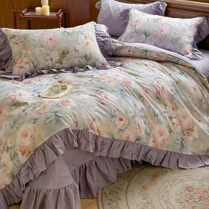 91家纺网 家纺一手货源 找家纺 胜权家纺 2025新款全棉纯棉数码印花双层纱床盖单品 梵花紫梦