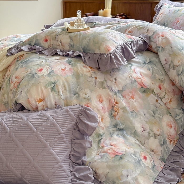 91家纺网 家纺一手货源 找家纺 胜权家纺 2025新款全棉纯棉数码印花双层纱床盖单品 梵花紫梦