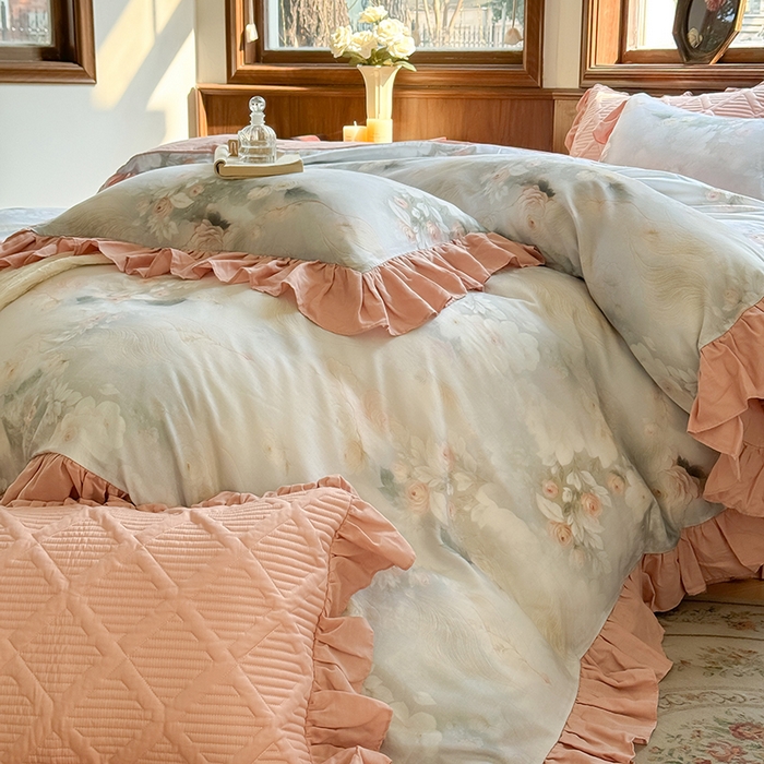 91家纺网 家纺一手货源 找家纺 胜权家纺 2025新款全棉纯棉数码印花双层纱床盖单品 荷塘月色