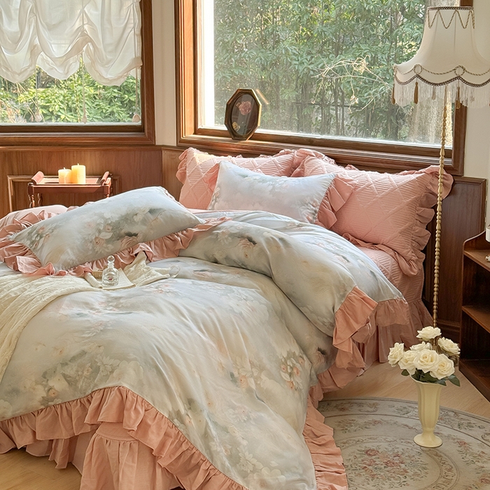 91家纺网 家纺一手货源 找家纺 胜权家纺 2025新款全棉纯棉数码印花双层纱床盖单品 荷塘月色