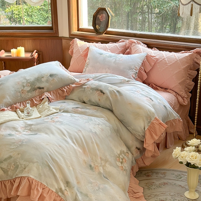 91家纺网 家纺一手货源 找家纺 胜权家纺 2025新款全棉纯棉数码印花双层纱床盖单品 荷塘月色