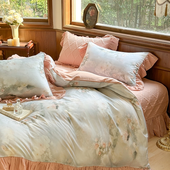 91家纺网 家纺一手货源 找家纺 胜权家纺 2025新款全棉纯棉数码印花双层纱床盖单品 荷塘月色