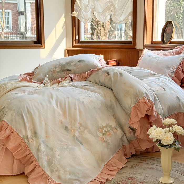 91家纺网 家纺一手货源 找家纺 胜权家纺 2025新款全棉纯棉数码印花双层纱床盖单品 荷塘月色