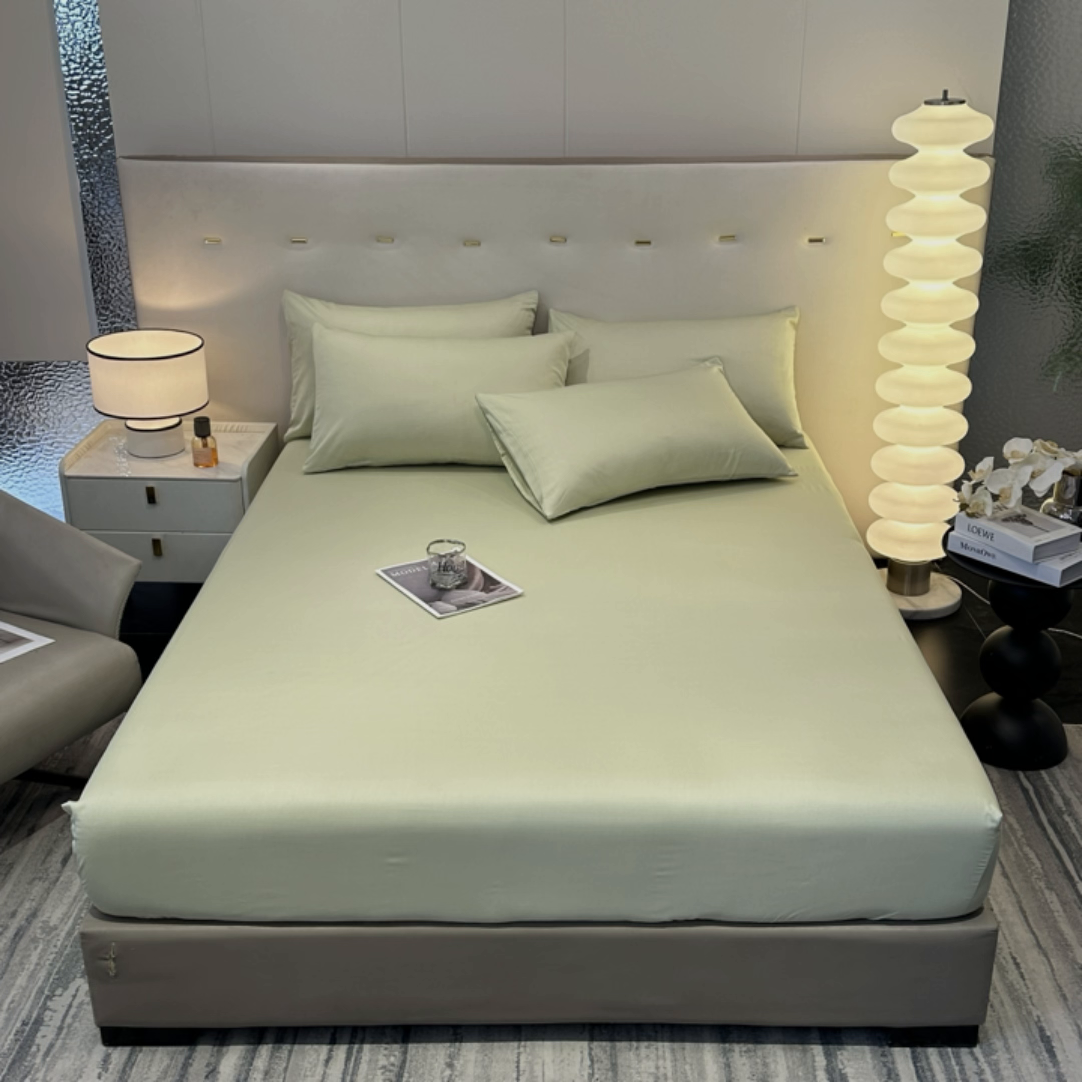 91家纺网 家纺一手货源 找家纺 菲梵家纺 2025新款纯色60支莱赛尔天丝单品系列-单床笠（提供买家秀） 奶油绿