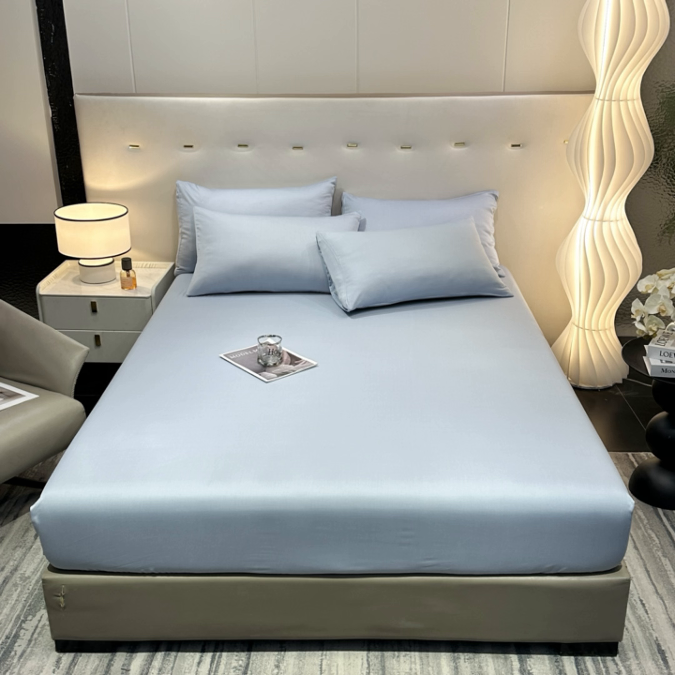 91家纺网 家纺一手货源 找家纺 菲梵家纺 2025新款纯色60支莱赛尔天丝单品系列-单床笠（提供买家秀） 水蓝