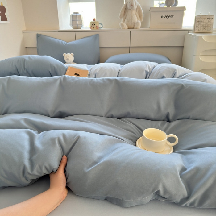 91家纺网 家纺一手货源 找家纺 可可家纺 2025新款纯色磨毛简约水洗棉单被套亲肤床单被套单件被罩 月光雾蓝