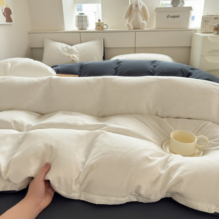 91家纺网 家纺一手货源 找家纺 可可家纺 2025新款纯色磨毛简约水洗棉单被套亲肤床单被套单件被罩 白蓝灰