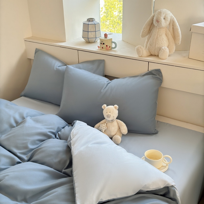 91家纺网 家纺一手货源 找家纺 可可家纺 2025新款纯色磨毛简约水洗棉单被套亲肤床单被套单件被罩 月光雾蓝