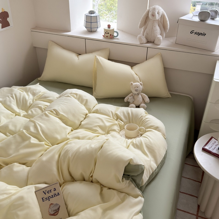 91家纺网 家纺一手货源 找家纺 可可家纺 2025新款纯色磨毛简约水洗棉单被套亲肤床单被套单件被罩 芝士嫩绿