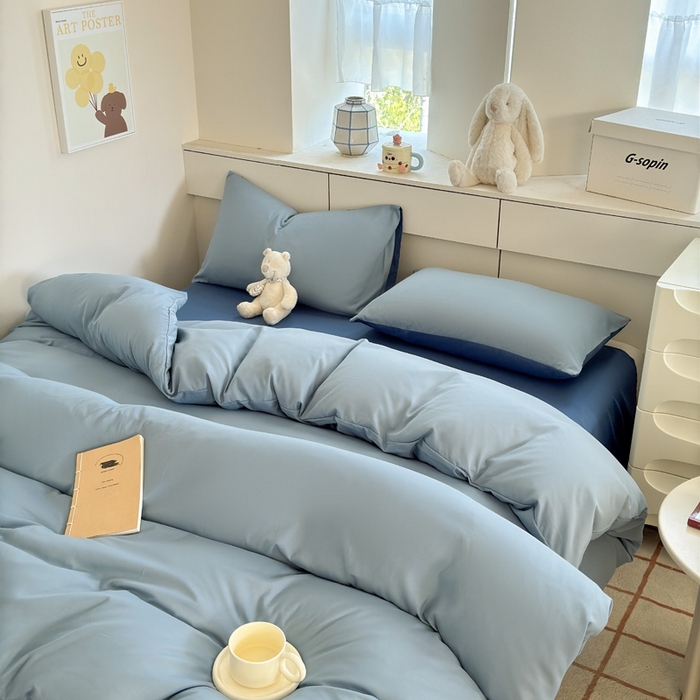 91家纺网 家纺一手货源 找家纺 可可家纺 2025新款纯色磨毛简约水洗棉单被套亲肤床单被套单件被罩 雾霾蓝海蓝