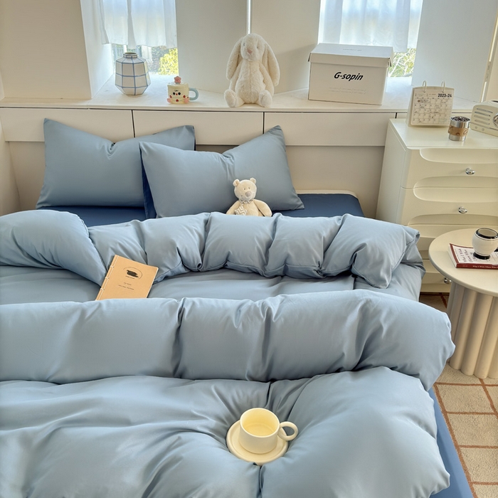 91家纺网 家纺一手货源 找家纺 可可家纺 2025新款纯色磨毛简约水洗棉单被套亲肤床单被套单件被罩 雾霾蓝海蓝