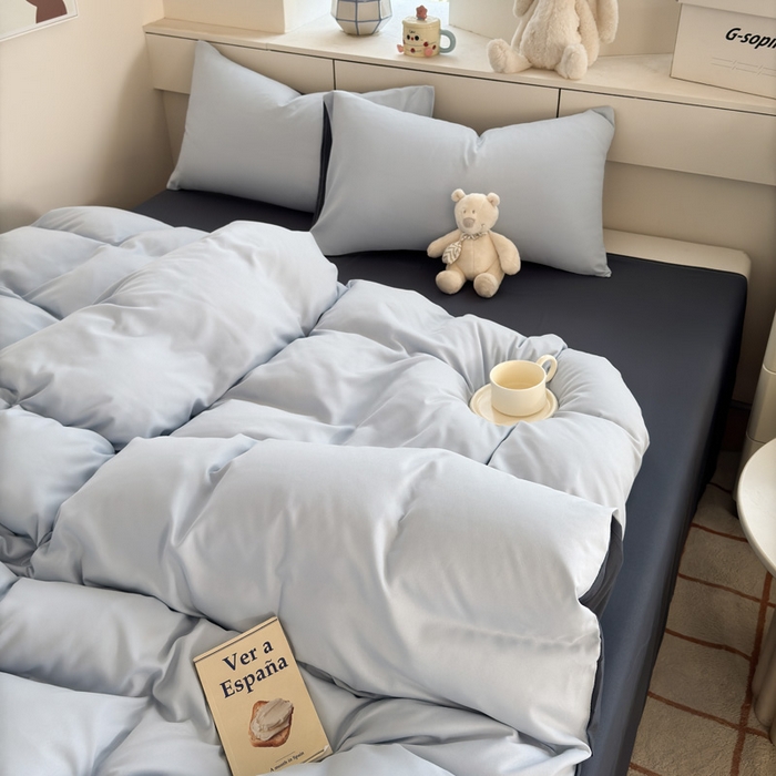 91家纺网 家纺一手货源 找家纺 可可家纺 2025新款纯色磨毛简约水洗棉单被套亲肤床单被套单件被罩 雾蓝洛克兰