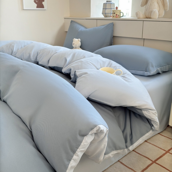 91家纺网 家纺一手货源 找家纺 可可家纺 2025新款纯色磨毛简约水洗棉单被套亲肤床单被套单件被罩 月光雾蓝