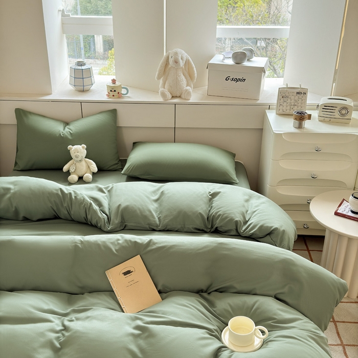 91家纺网 家纺一手货源 找家纺 可可家纺 2025新款纯色磨毛简约水洗棉单被套亲肤床单被套单件被罩 纯草绿