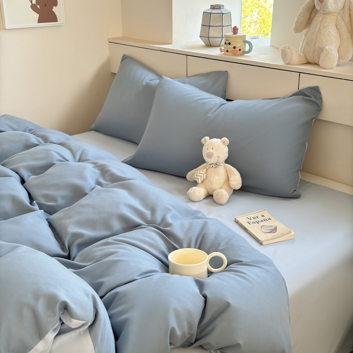 91家纺网 家纺一手货源 找家纺 可可家纺 2025新款纯色磨毛简约水洗棉单被套亲肤床单被套单件被罩 月光雾蓝