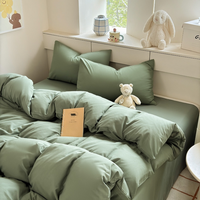 91家纺网 家纺一手货源 找家纺 可可家纺 2025新款纯色磨毛简约水洗棉单被套亲肤床单被套单件被罩 纯草绿
