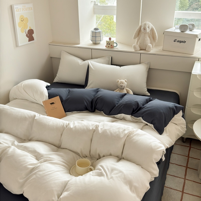 91家纺网 家纺一手货源 找家纺 可可家纺 2025新款纯色磨毛简约水洗棉单被套亲肤床单被套单件被罩 白蓝灰