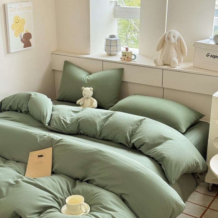91家纺网 家纺一手货源 找家纺 可可家纺 2025新款纯色磨毛简约水洗棉单被套亲肤床单被套单件被罩 纯草绿