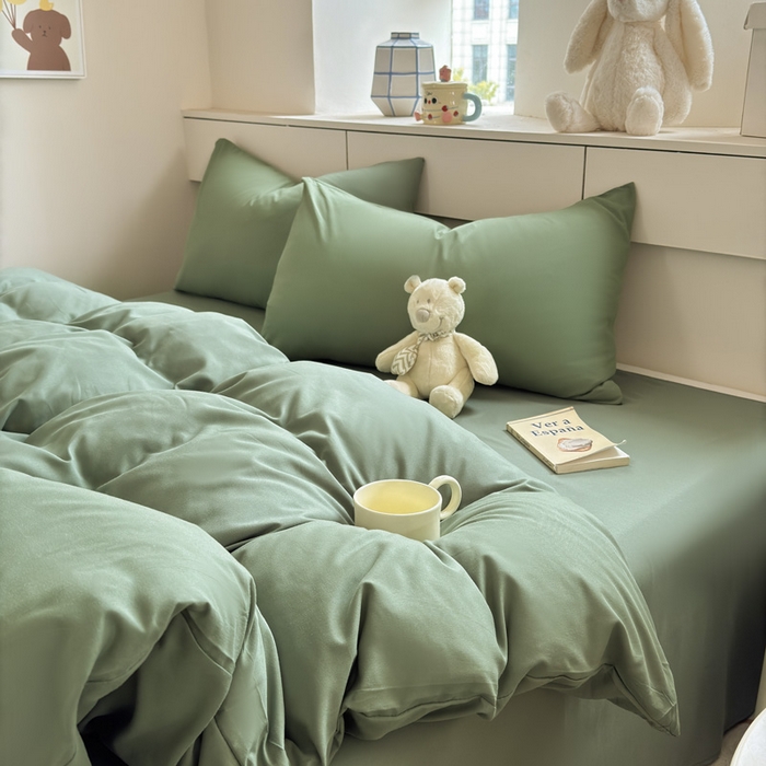 91家纺网 家纺一手货源 找家纺 可可家纺 2025新款纯色磨毛简约水洗棉单被套亲肤床单被套单件被罩 纯草绿