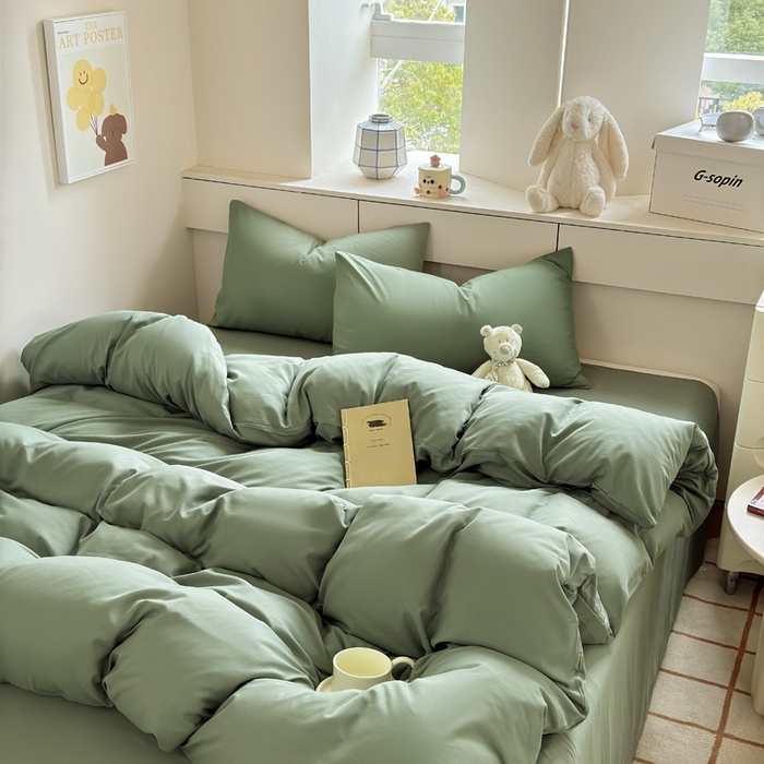91家纺网 家纺一手货源 找家纺 可可家纺 2025新款纯色磨毛简约水洗棉单被套亲肤床单被套单件被罩 纯草绿