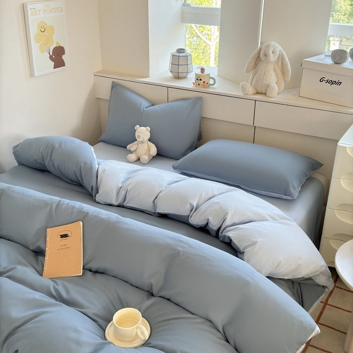91家纺网 家纺一手货源 找家纺 可可家纺 2025新款纯色磨毛简约水洗棉单被套亲肤床单被套单件被罩 月光雾蓝