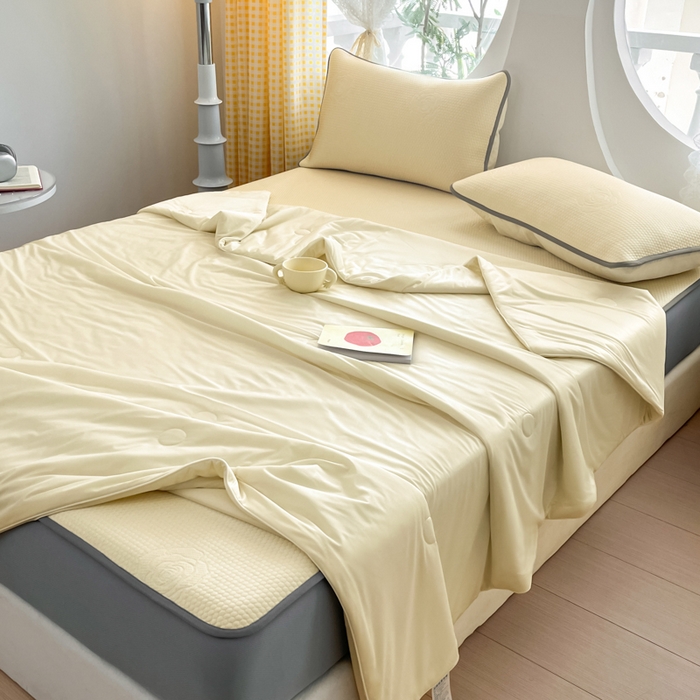 91家纺网 家纺一手货源 找家纺 欧邦 2025春夏新款提花冰豆豆床笠款夏被夏凉被空调被四件套-牡丹花系列 柠檬黄