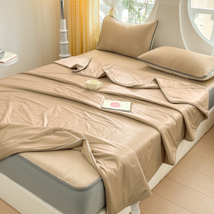 91家纺网 家纺一手货源 找家纺 欧邦 2025春夏新款提花冰豆豆床笠款夏被夏凉被空调被四件套-牡丹花系列 摩卡咖