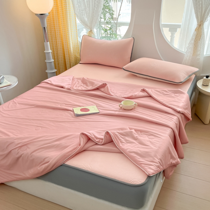 91家纺网 家纺一手货源 找家纺 欧邦 2025春夏新款提花冰豆豆床笠款夏被夏凉被空调被四件套-牡丹花系列 粉玉