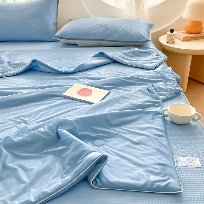 91家纺网 家纺一手货源 找家纺 欧邦 2025春夏新款提花冰豆豆床笠款夏被夏凉被空调被四件套-牡丹花系列 清雅蓝