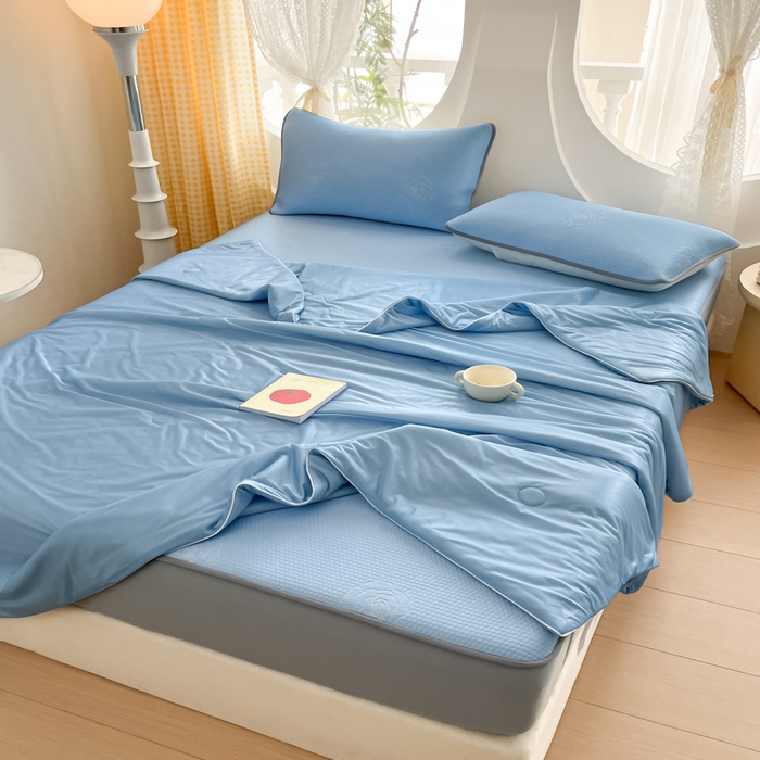 91家纺网 家纺一手货源 找家纺 欧邦 2025春夏新款提花冰豆豆床笠款夏被夏凉被空调被四件套-牡丹花系列 清雅蓝