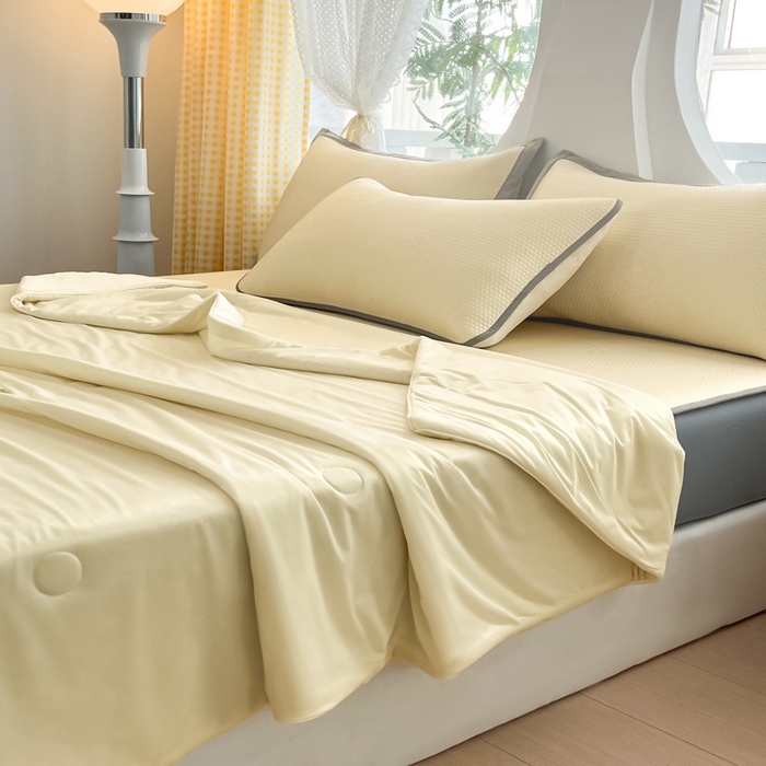 91家纺网 家纺一手货源 找家纺 欧邦 2025春夏新款提花冰豆豆床笠款夏被夏凉被空调被四件套-牡丹花系列 柠檬黄