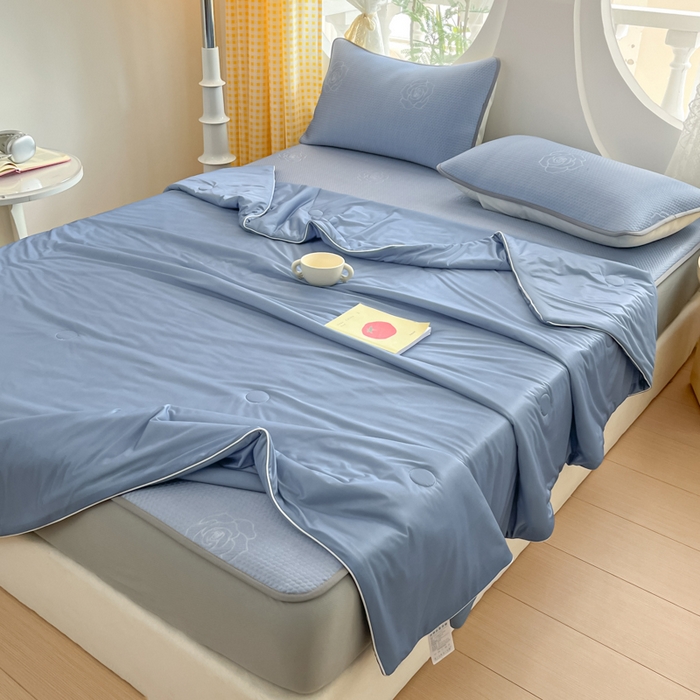 91家纺网 家纺一手货源 找家纺 欧邦 2025春夏新款提花冰豆豆床笠款夏被夏凉被空调被四件套-牡丹花系列 蓝灰