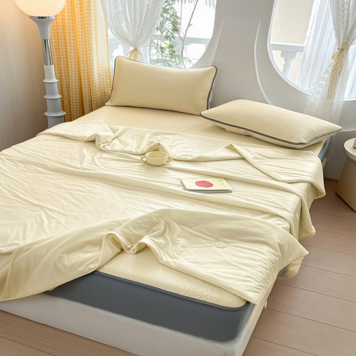 91家纺网 家纺一手货源 找家纺 欧邦 2025春夏新款提花冰豆豆床笠款夏被夏凉被空调被四件套-牡丹花系列 柠檬黄