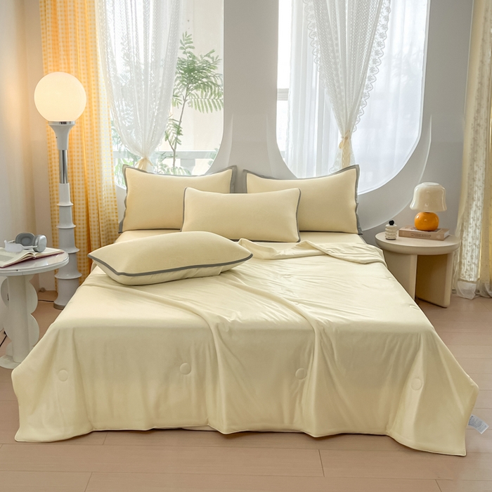 91家纺网 家纺一手货源 找家纺 欧邦 2025春夏新款提花冰豆豆床笠款夏被夏凉被空调被四件套-牡丹花系列 柠檬黄