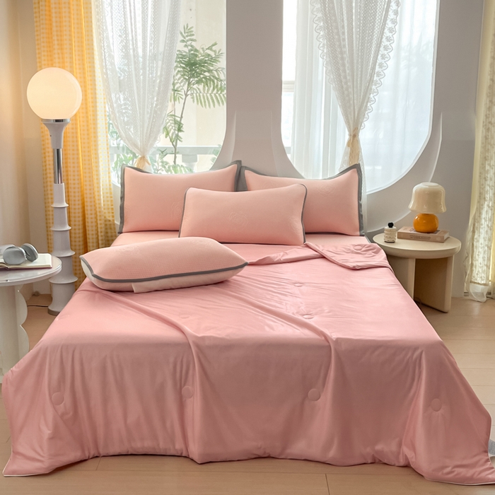 91家纺网 家纺一手货源 找家纺 欧邦 2025春夏新款提花冰豆豆床笠款夏被夏凉被空调被四件套-牡丹花系列 粉玉