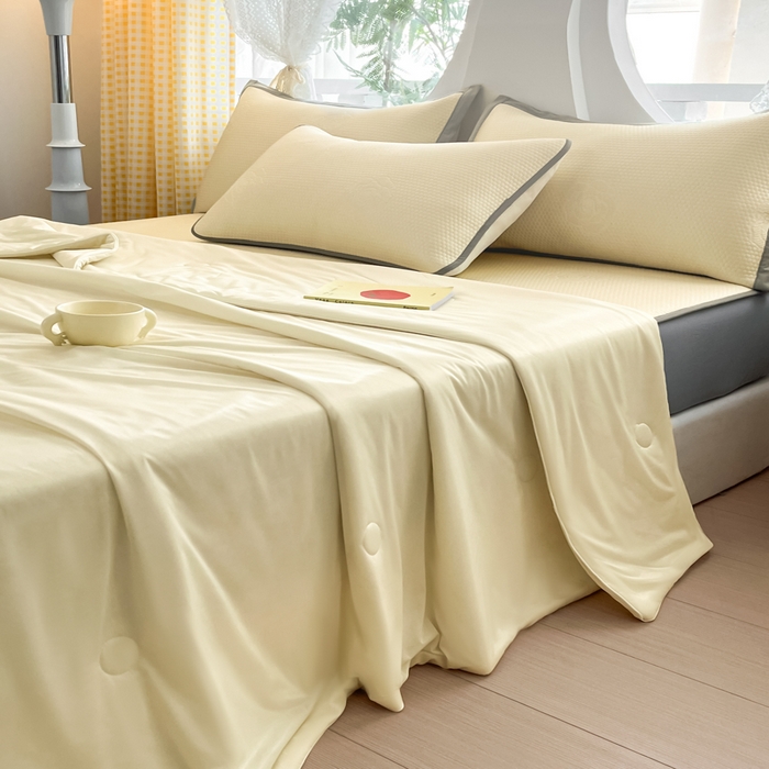 91家纺网 家纺一手货源 找家纺 欧邦 2025春夏新款提花冰豆豆床笠款夏被夏凉被空调被四件套-牡丹花系列 柠檬黄