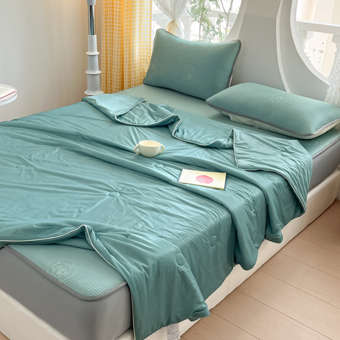 91家纺网 家纺一手货源 找家纺 欧邦 2025春夏新款提花冰豆豆床笠款夏被夏凉被空调被四件套-牡丹花系列 冰爽绿