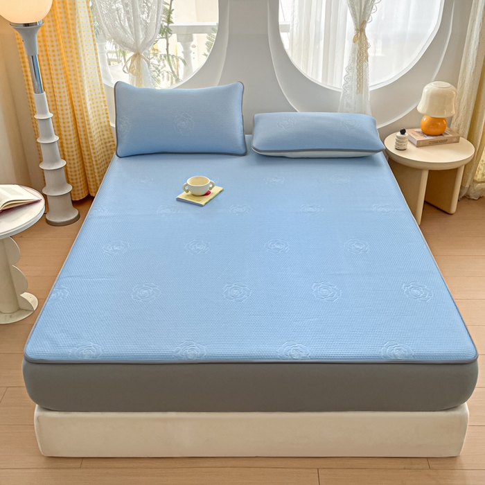 91家纺网 家纺一手货源 找家纺 欧邦 2025春夏新款提花冰豆豆床笠款夏被夏凉被空调被四件套-牡丹花系列 清雅蓝