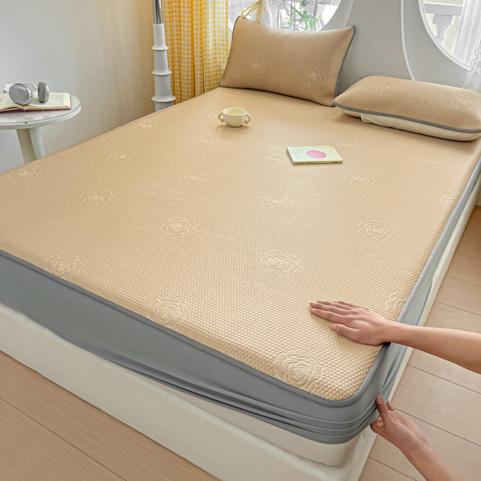 91家纺网 家纺一手货源 找家纺 欧邦 2025春夏新款提花冰豆豆床笠款夏被夏凉被空调被四件套-牡丹花系列 摩卡咖