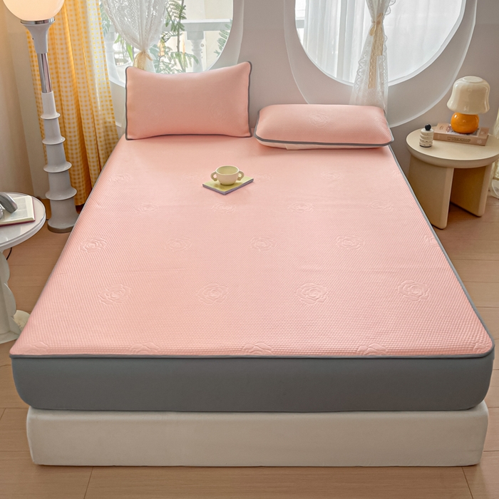 91家纺网 家纺一手货源 找家纺 欧邦 2025春夏新款提花冰豆豆床笠款夏被夏凉被空调被四件套-牡丹花系列 粉玉