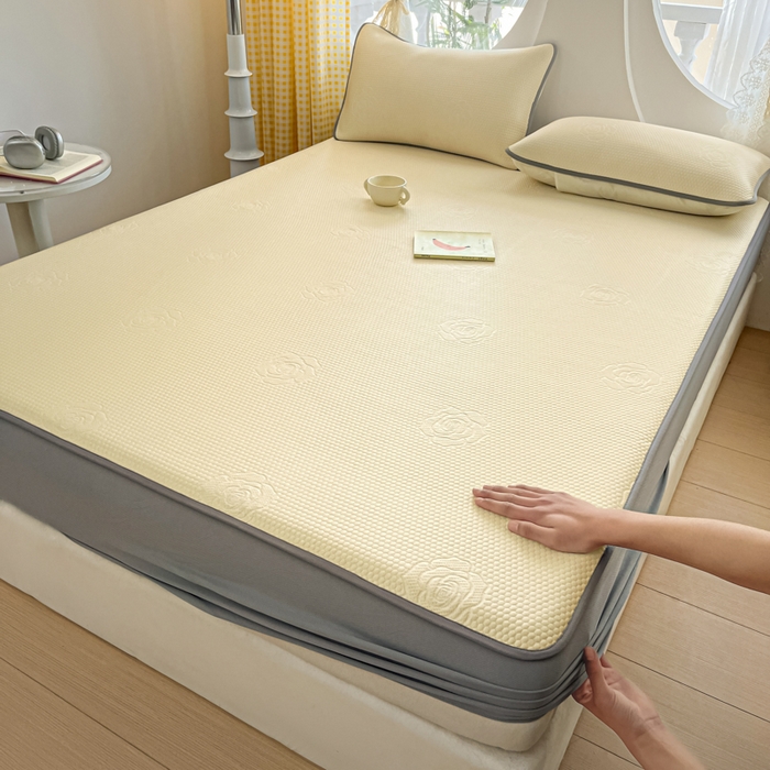 91家纺网 家纺一手货源 找家纺 欧邦 2025春夏新款提花冰豆豆床笠款夏被夏凉被空调被四件套-牡丹花系列 柠檬黄