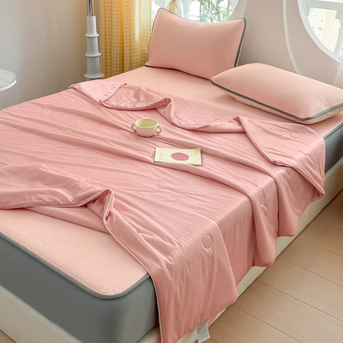 91家纺网 家纺一手货源 找家纺 欧邦 2025春夏新款提花冰豆豆床笠款夏被夏凉被空调被四件套-牡丹花系列 粉玉