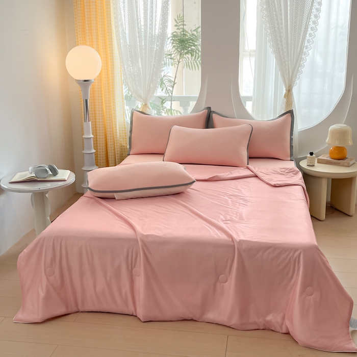 91家纺网 家纺一手货源 找家纺 欧邦 2025春夏新款提花冰豆豆床笠款夏被夏凉被空调被四件套-牡丹花系列 粉玉